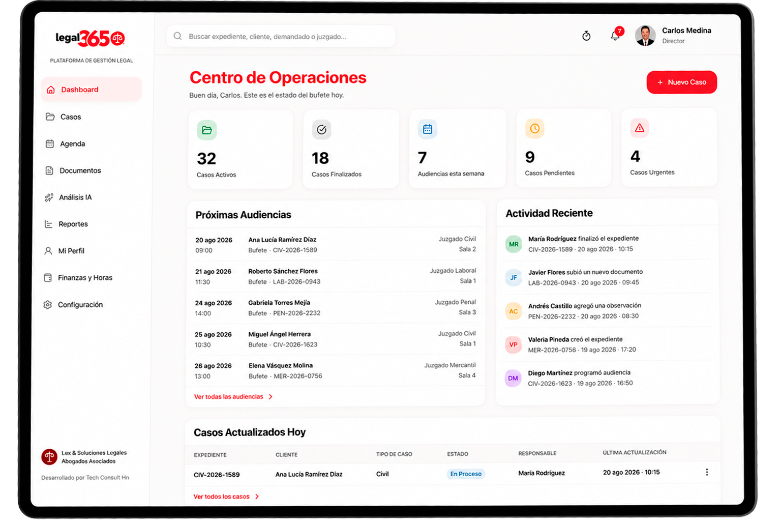 Dashboard de Legal 365 con indicadores de casos, audiencias y actividad del bufete