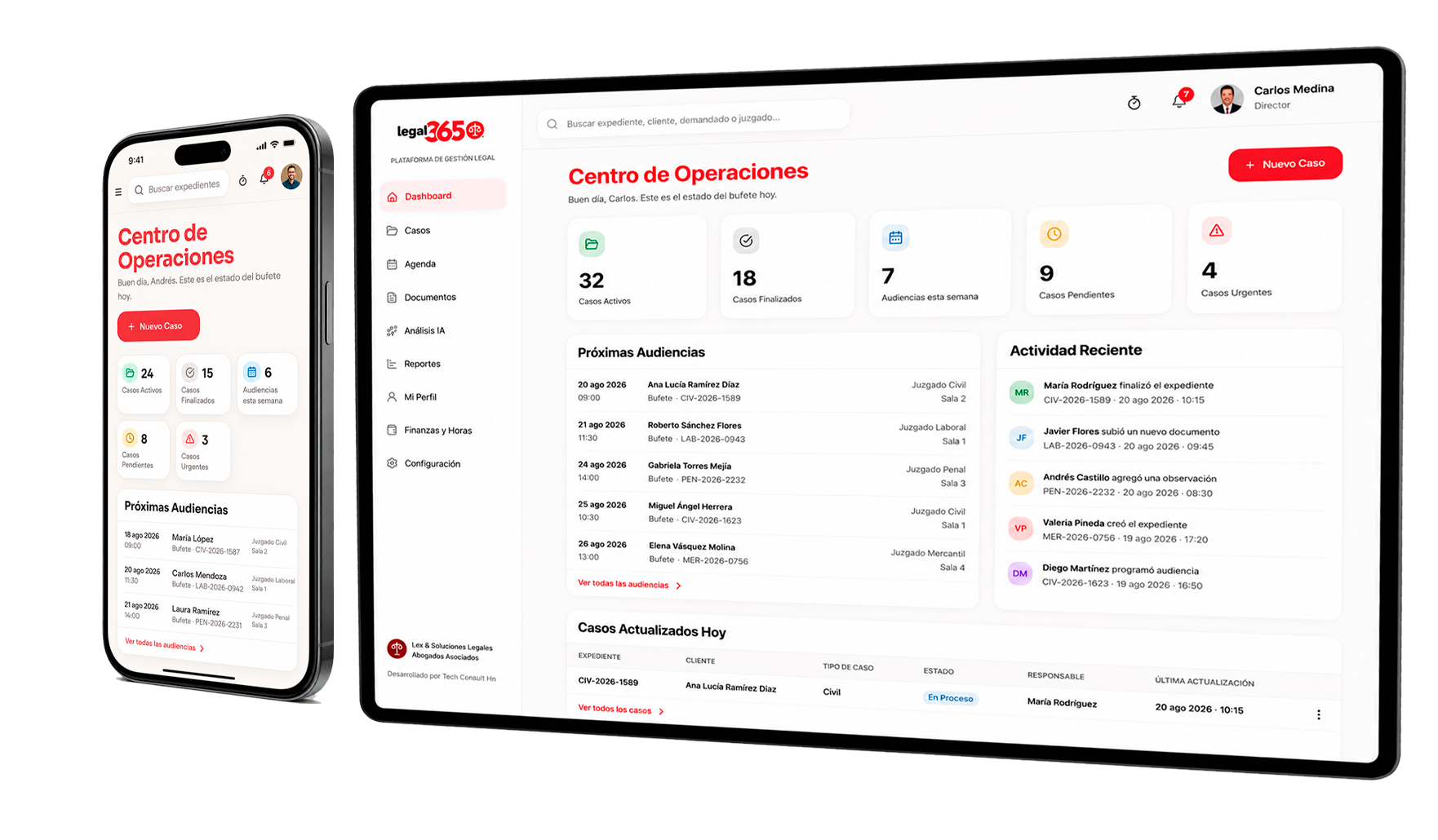Software de gestión legal Legal 365 en computadora y teléfono mostrando el Centro de Operaciones del bufete